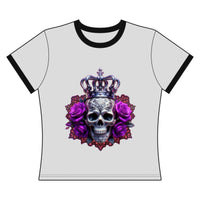 Women’s Ringer Tee — Gothic Crown Skull with Purple Roses / RBA Pink Flame Logo