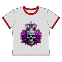 Women’s Ringer Tee — Gothic Crown Skull with Purple Roses / RBA Pink Flame Logo
