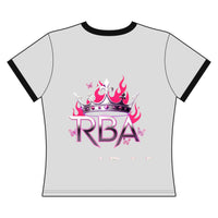 Women’s Ringer Tee — Gothic Crown Skull with Purple Roses / RBA Pink Flame Logo