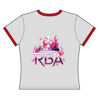 Women’s Ringer Tee — Gothic Crown Skull with Purple Roses / RBA Pink Flame Logo